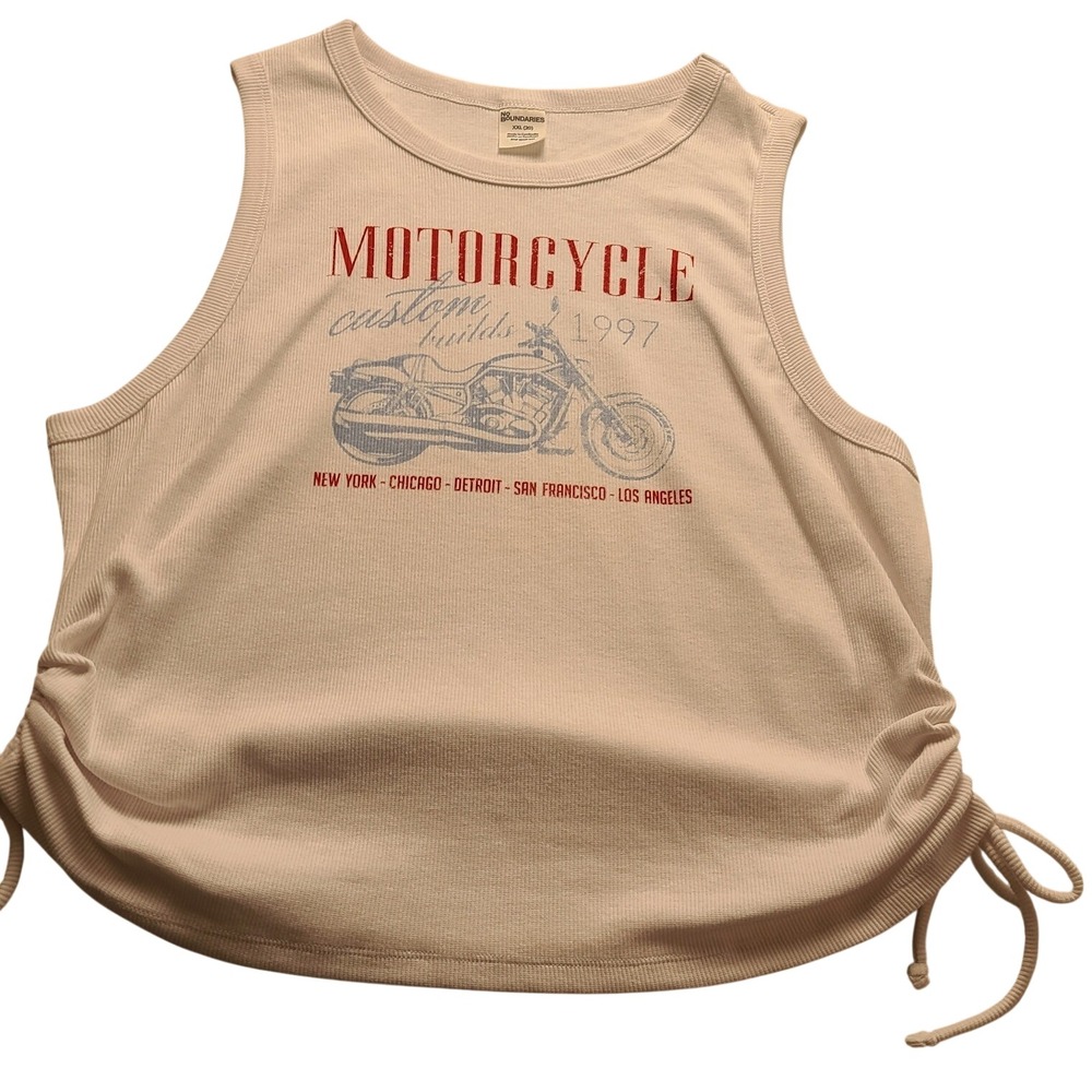 No Boundaries Womens XXL White Ribbed Motorcycle Graphic Tank Top Cinched Sides